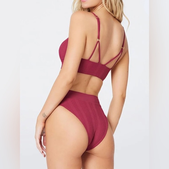 L*Space Womens Pointelle Rib Court Bikini Bottom in poppy orange/red - Picture 3 of 7